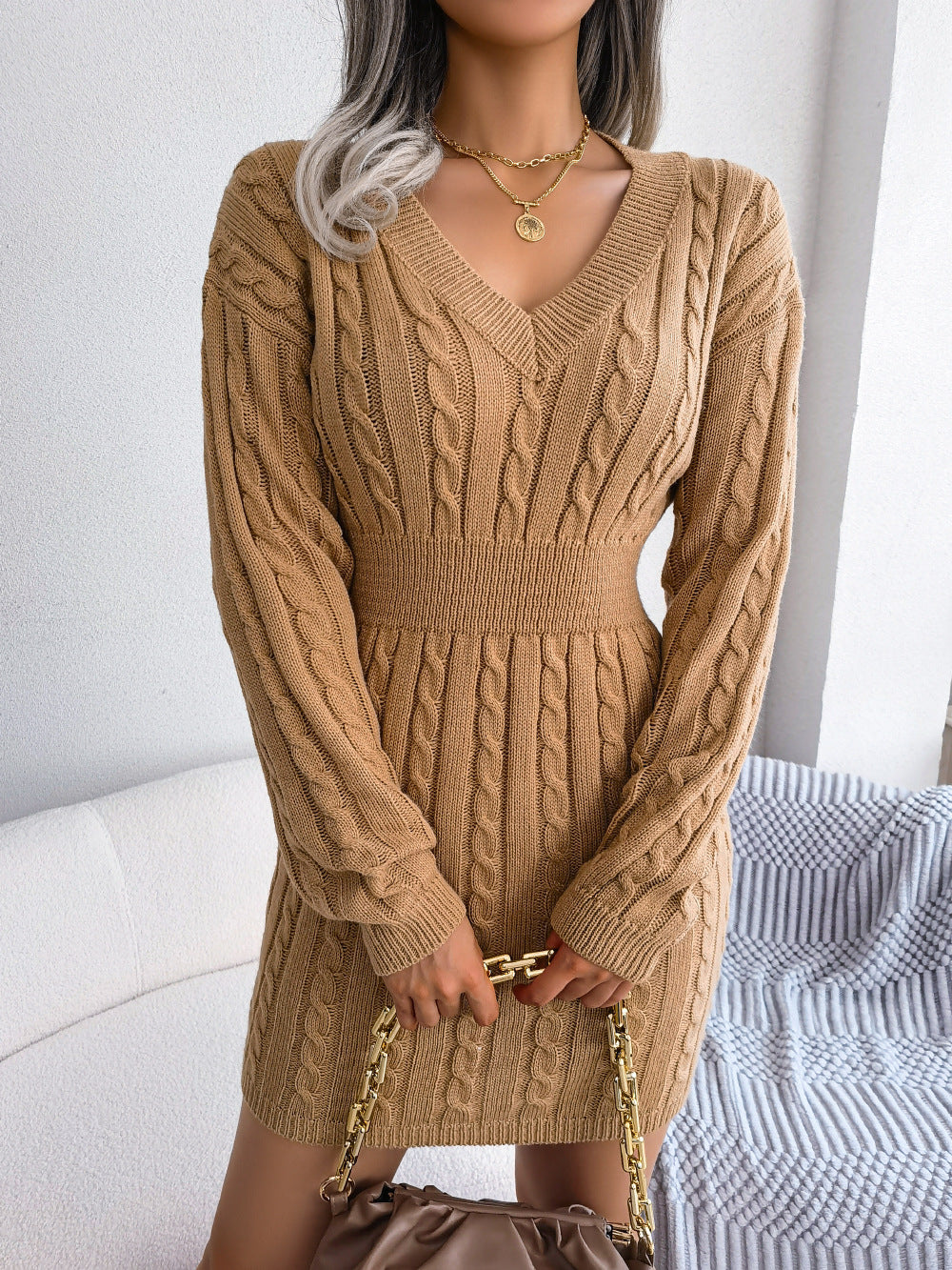 Trendy V-Neck Cable Knit Waist-Cinching Sweater Dress
