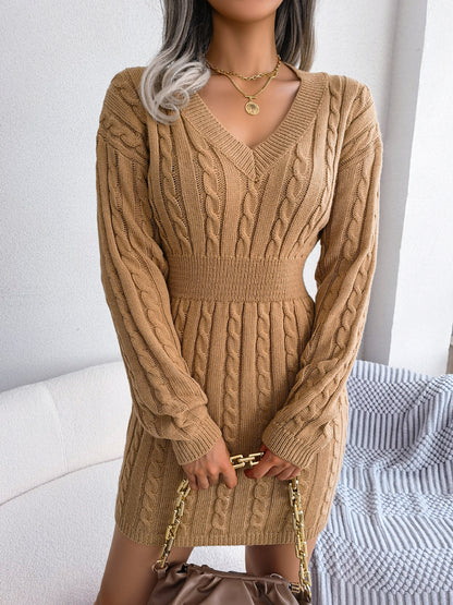 Trendy V-Neck Cable Knit Waist-Cinching Sweater Dress