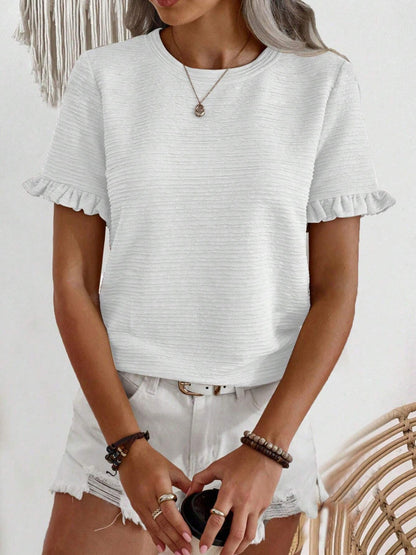 Women’s Ruffle Sleeve Textured Round Neck Casual Top