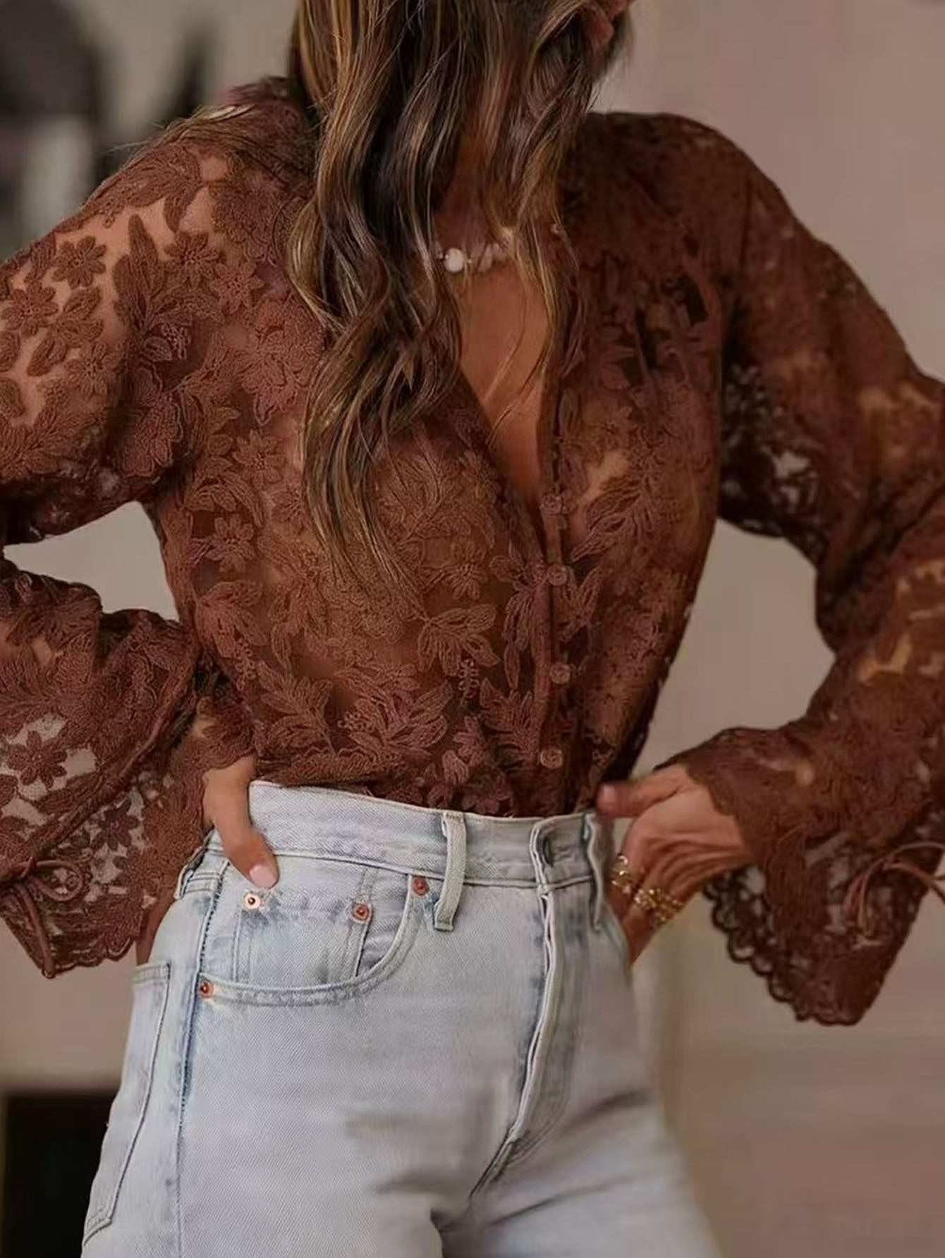 Women's Lace Embroidered V-Neck Bell Sleeve Sheer Cardigan