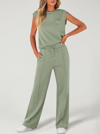 Women's 2 Piece Lounge Set Sleeveless Top Wide Leg Pants