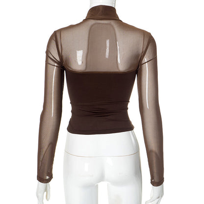 Sexy Sheer Mesh Mock Neck Long Sleeve Crop Top