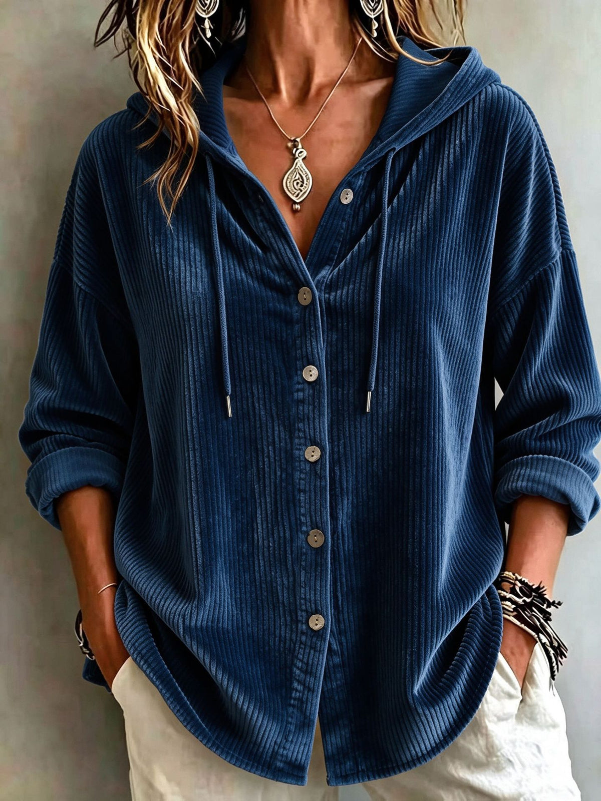 Womens Corduroy Hooded Button Down Shirt Jacket