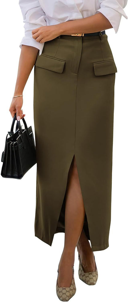 Elegant High Waist Midi Skirt with Front Slit