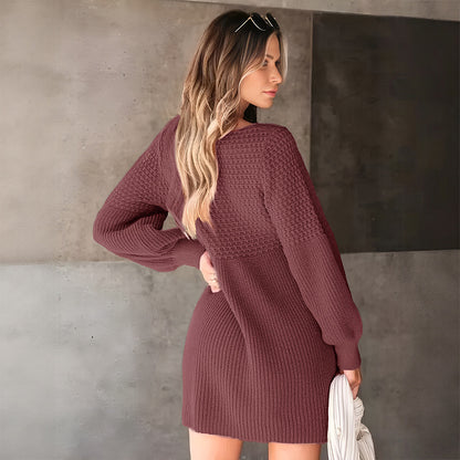 V Neck Knit Sweater Dress Puff Sleeve Fall Mini Dress