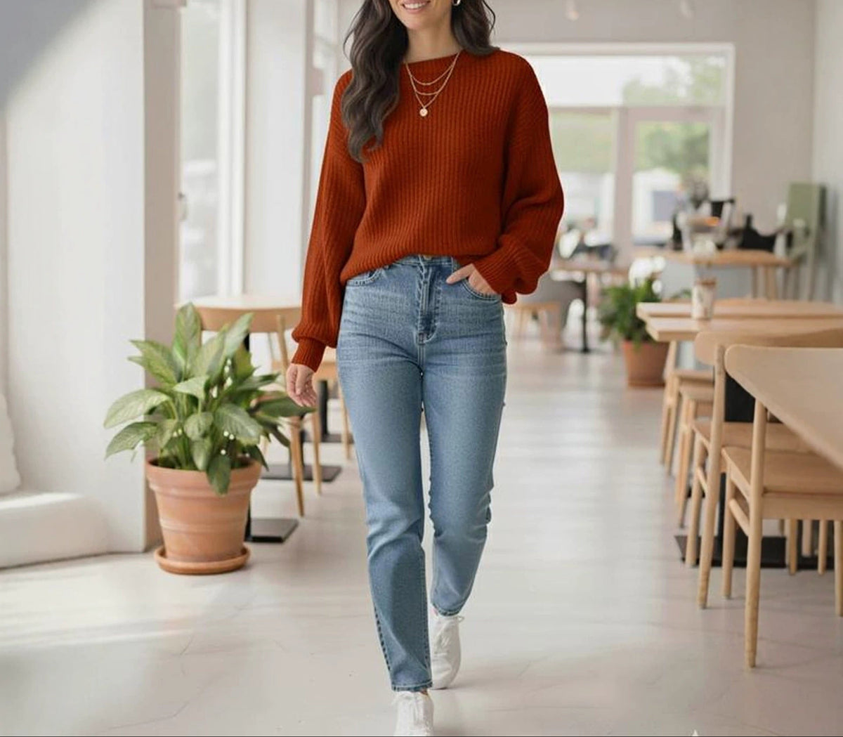 Women's Oversized Ribbed Crew Neck Pullover Sweater