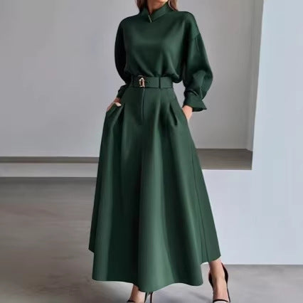 Women's Belted Long Sleeve Blouse Maxi Skirt Two Piece Set