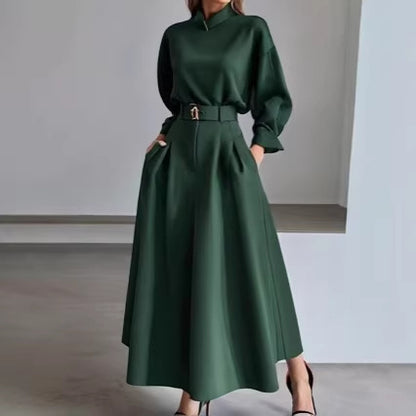 Women's Belted Long Sleeve Blouse Maxi Skirt Two Piece Set