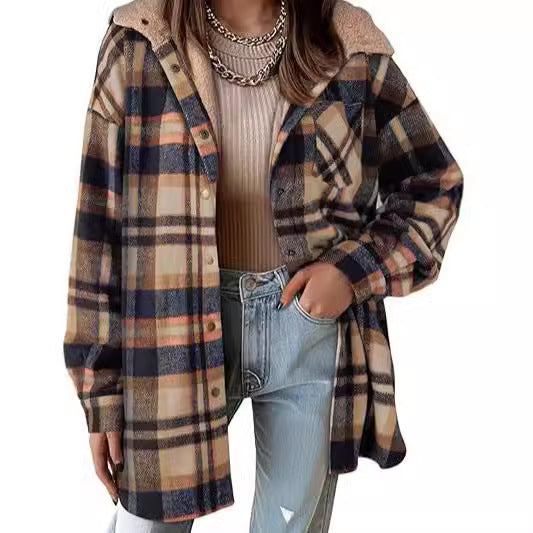 Women's Plaid Flannel Hooded Shacket Jacket