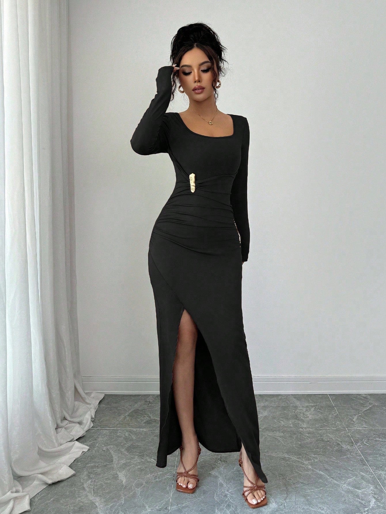 Square Neck Ruched Bodycon Maxi Dress with Side Slit