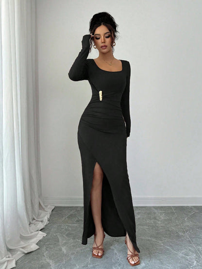 Square Neck Ruched Bodycon Maxi Dress with Side Slit