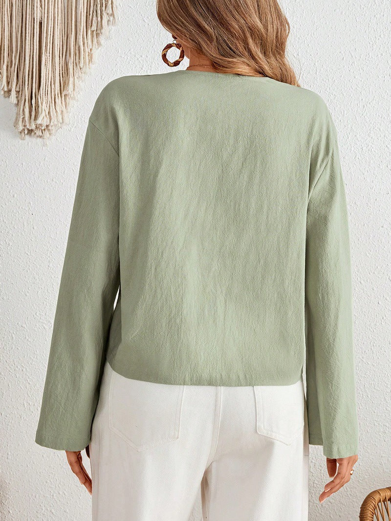 Women's Tie Front V Neck Bell Sleeve Blouse Top