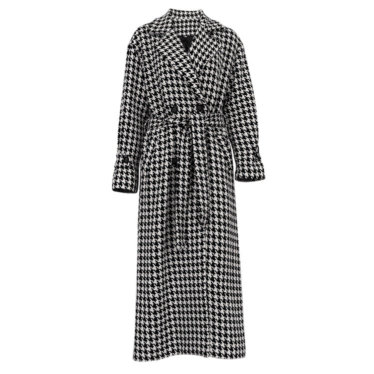 Women's Houndstooth Maxi Winter Coat Double Breasted Belted