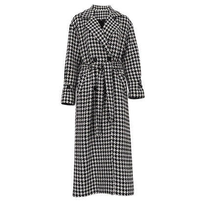 Women's Houndstooth Maxi Winter Coat Double Breasted Belted