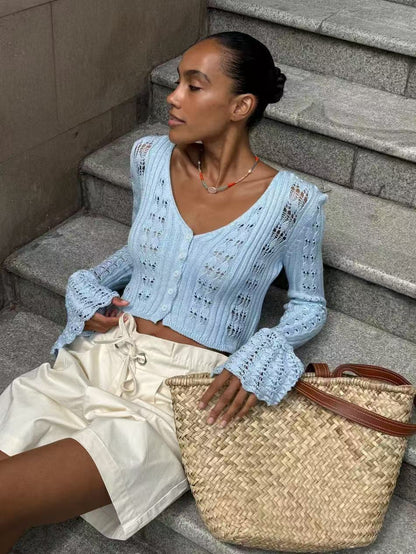 Women's Crochet Crop Cardigan V-Neck Bell Sleeve Top