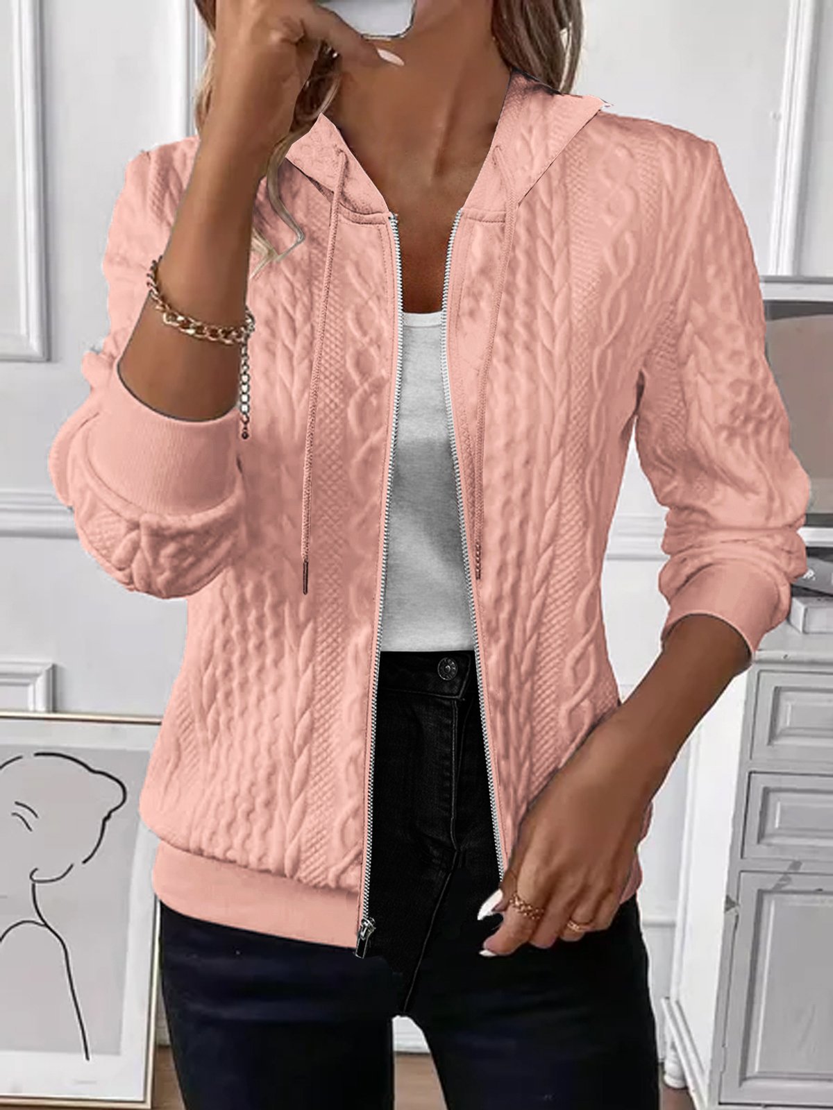 Womens Cable Knit Zip Up Hoodie Slim Fit Jacket