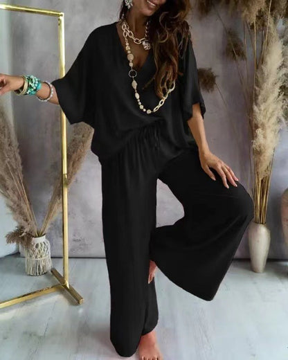 Women's V-Neck Batwing Wide Leg Pants 2-Piece Set