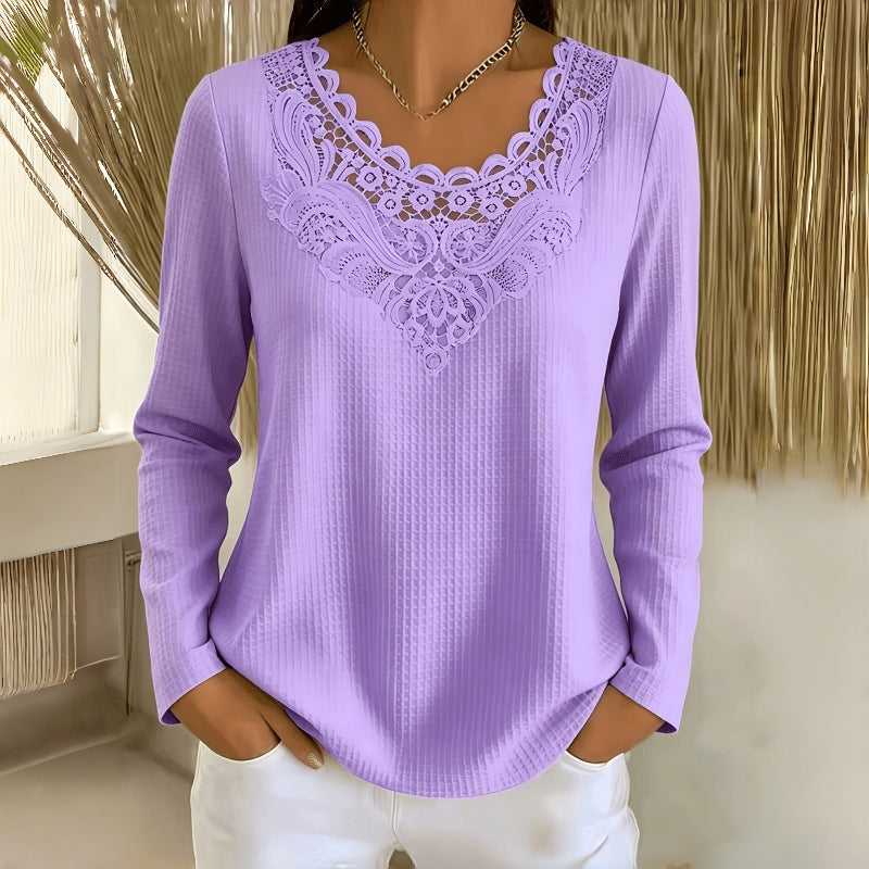 Women's Lace V Neck Long Sleeve Casual Blouse Top
