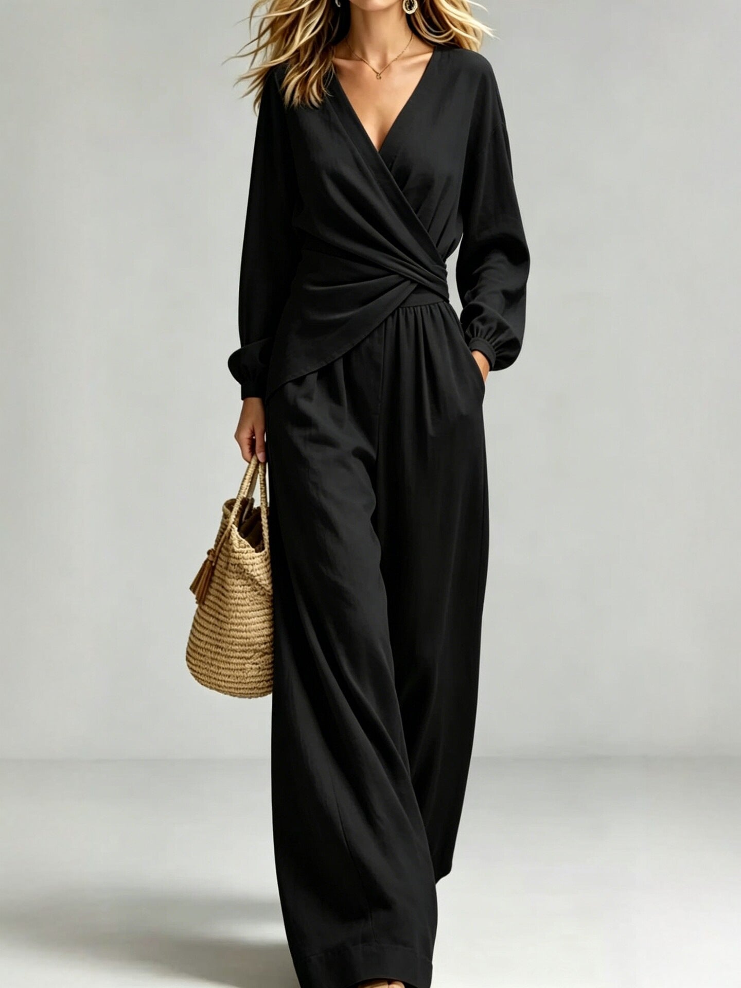 V Neck Wrap Top Wide Leg Pants Two Piece Set