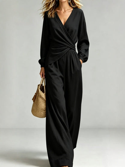 V Neck Wrap Top Wide Leg Pants Two Piece Set