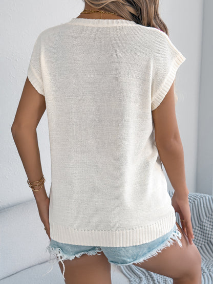 Floral Knit Sweater Vest Casual Batwing Sleeve Top