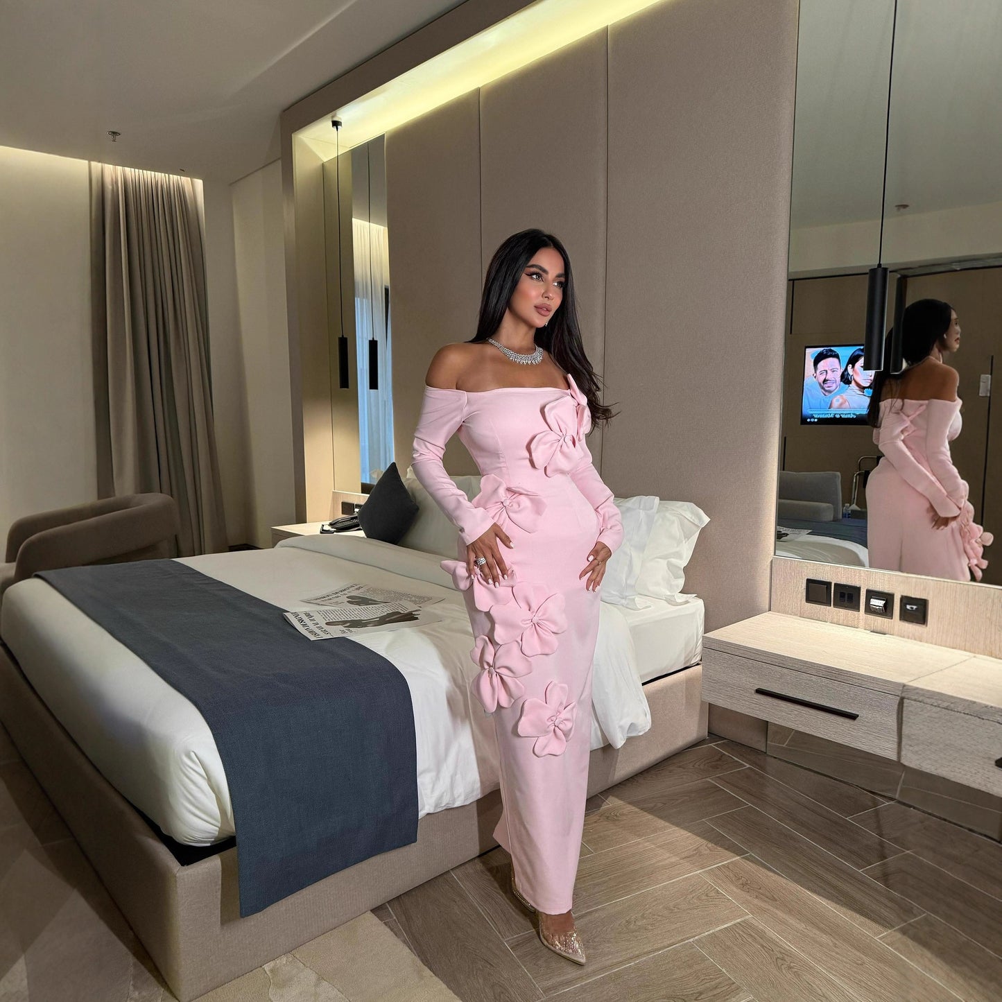 Pink Off Shoulder Long Sleeve Floral Bodycon Maxi Dress