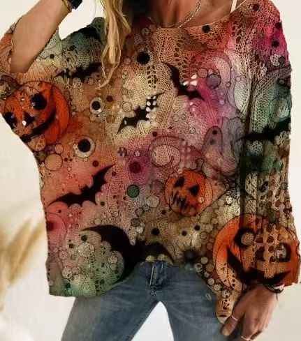 Off Shoulder Crochet Halloween Pumpkin Bat Sweater