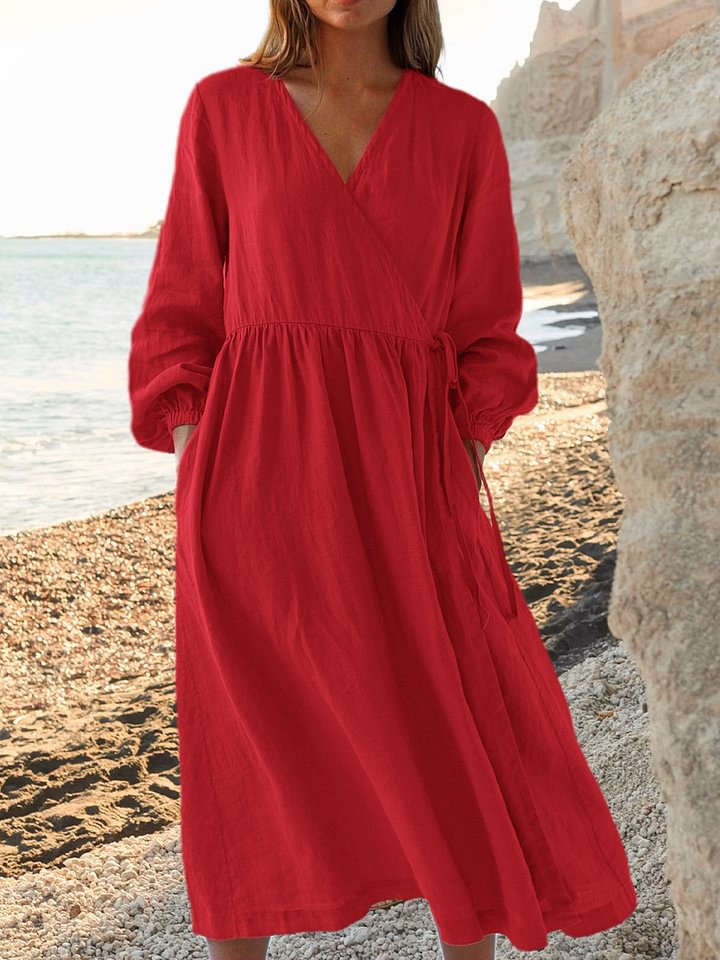 Women's Linen V Neck Long Sleeve Maxi Dress Casual Summer