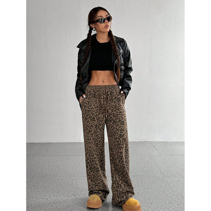 Leopard Print Wide Leg Pants High Waist Pocket Casual