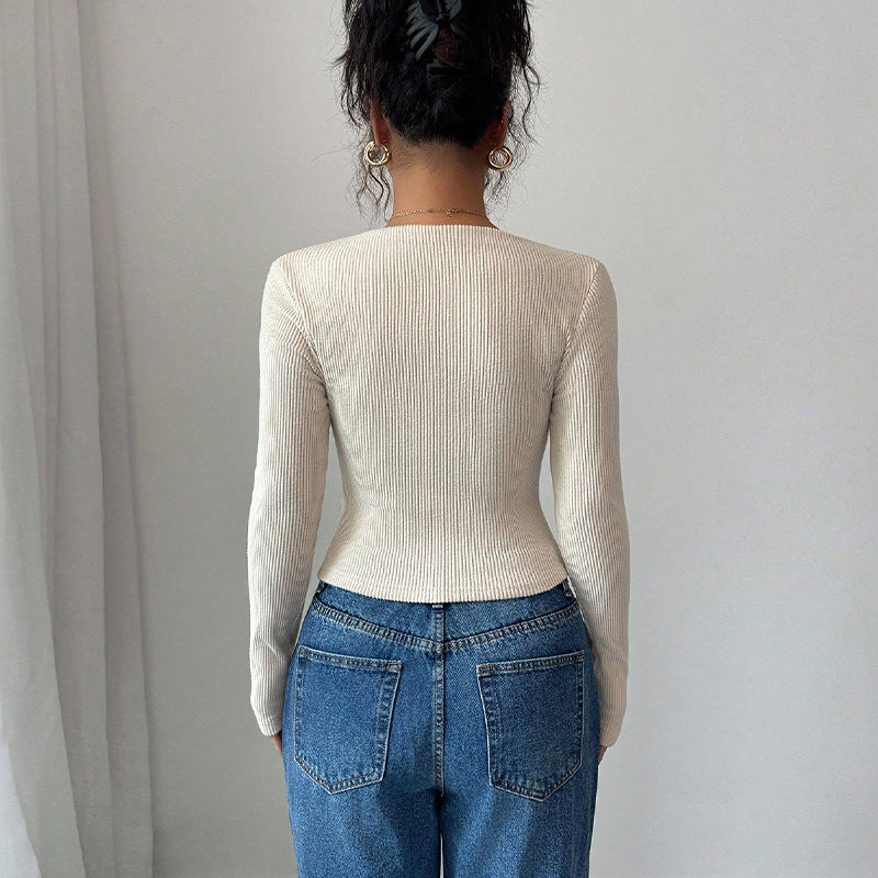 Asymmetric Neck Ribbed Long Sleeve Fitted Knit Top