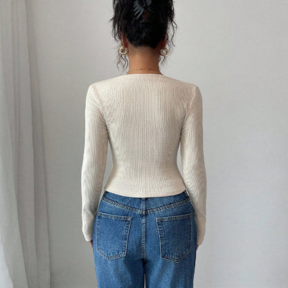 Asymmetric Neck Ribbed Long Sleeve Fitted Knit Top
