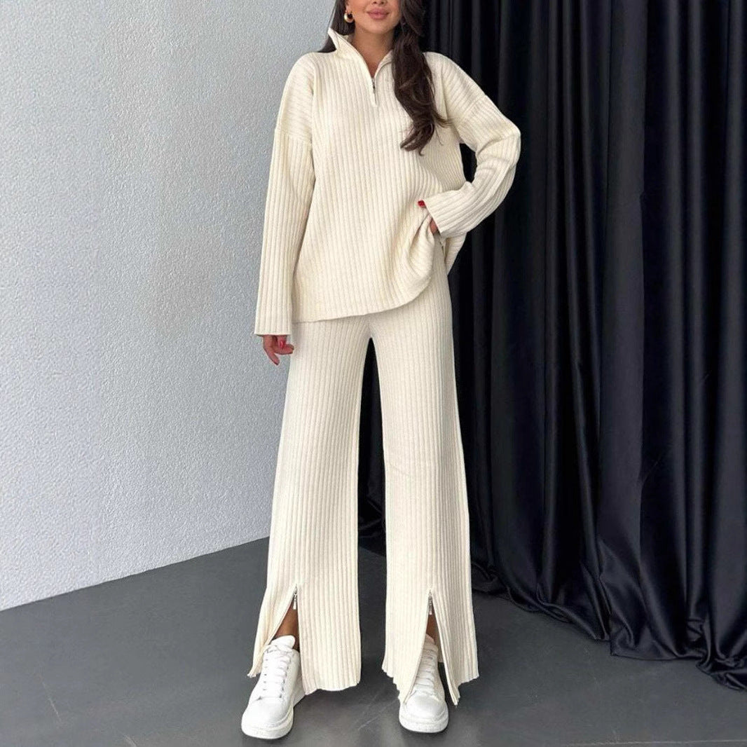Women's Ribbed Half Zip Knit Lounge Set 2 Piece