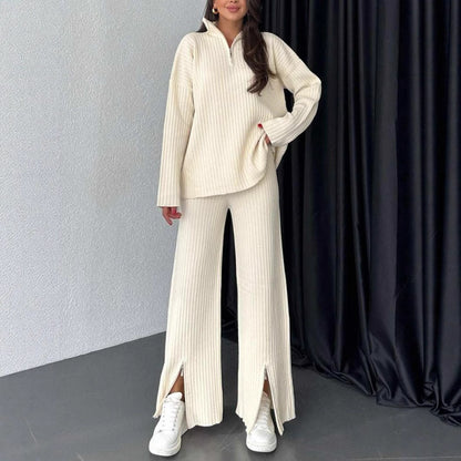 Women's Ribbed Half Zip Knit Lounge Set 2 Piece