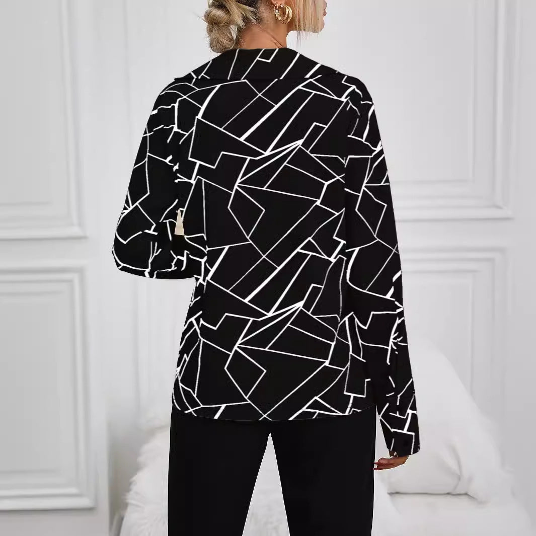 Women's Geometric Print V-Neck Long Sleeve Collared Blouse