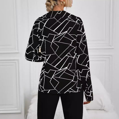 Women's Geometric Print V-Neck Long Sleeve Collared Blouse