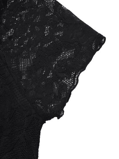 Black Lace V Neck Bow Front Fitted Short Sleeve Top