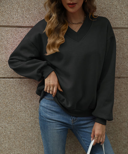 Colorblock V Neck Fleece Sweatshirt Women Casual Pullover Top