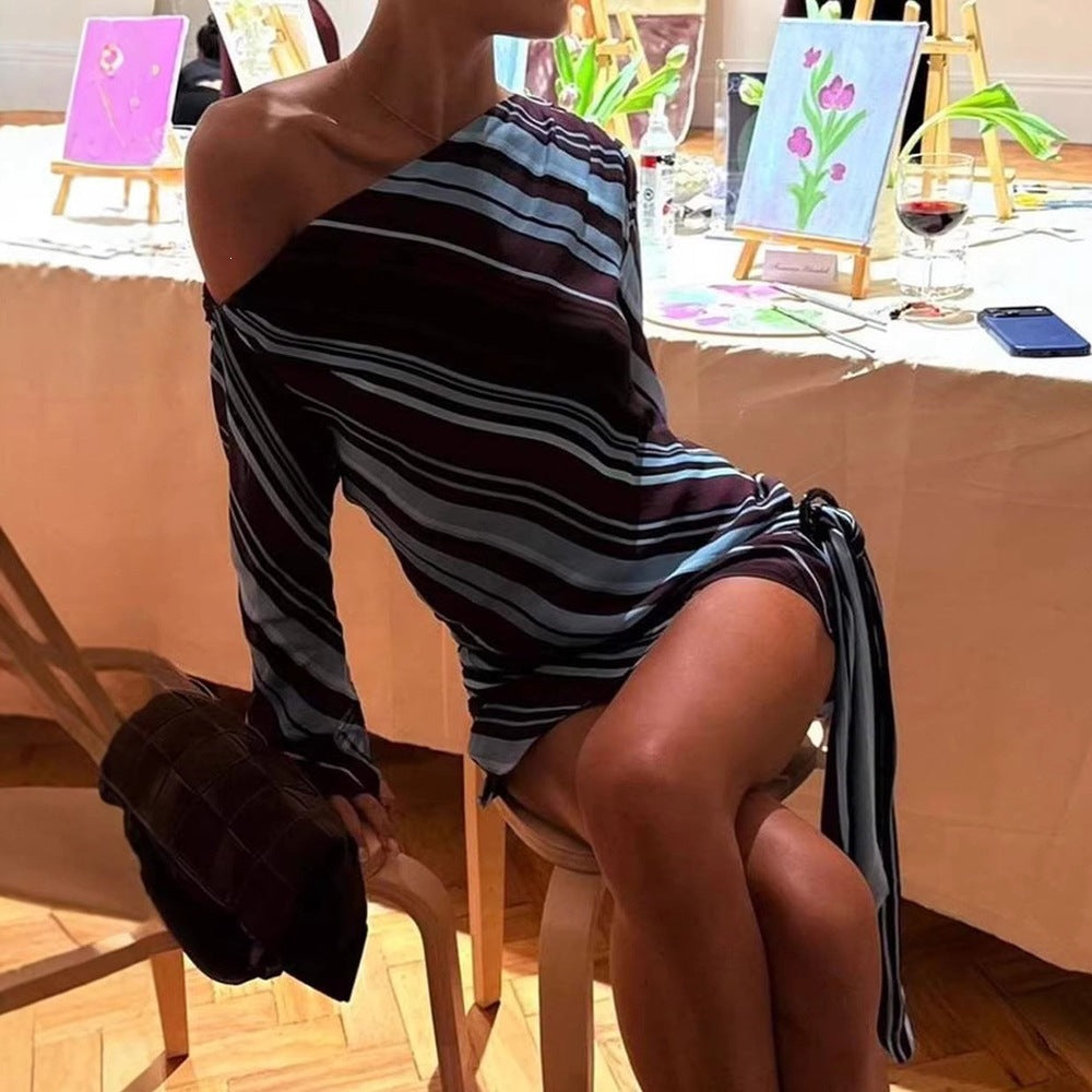 One Shoulder Striped Tie Waist Bodycon Mini Dress