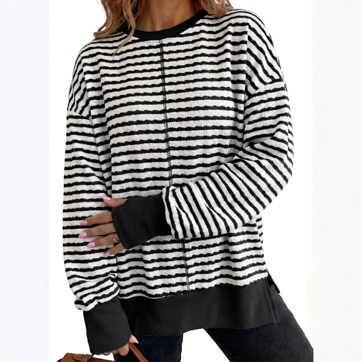 Women's Oversized Striped Crewneck Sweatshirt Side Slit