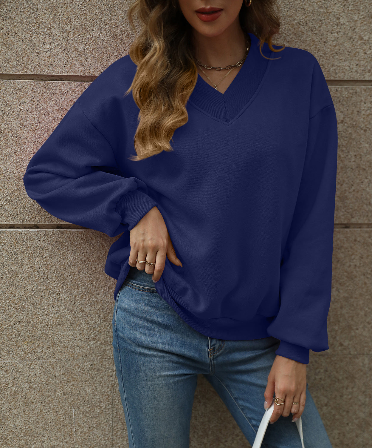 Colorblock V Neck Fleece Sweatshirt Women Casual Pullover Top