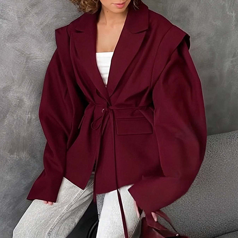 Women Tie Waist Blazer Puff Sleeve Solid Lightweight Jacket