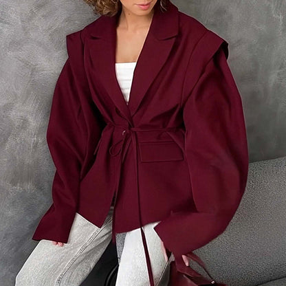 Women Tie Waist Blazer Puff Sleeve Solid Lightweight Jacket