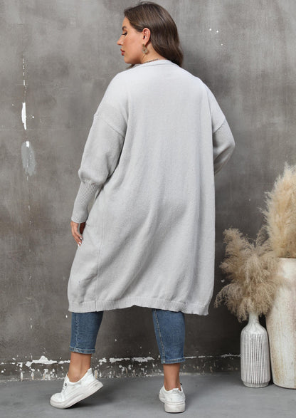 Women's Loose Medium and Long Double Pocket Lantern Sleeve Sweater Cardigan Jacket