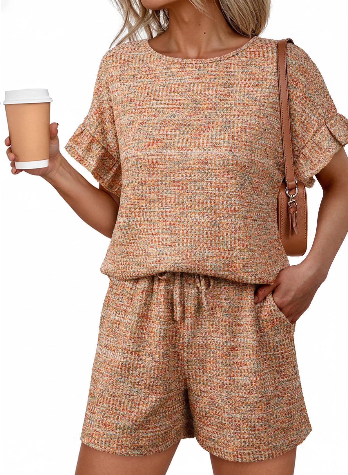 Textured Knit Lounge Set Ruffle Sleeve Drawstring