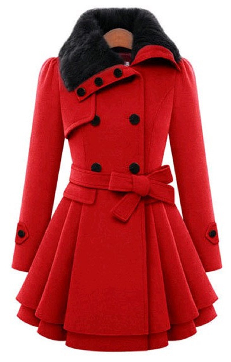Women's Double Breasted Wool Coat Faux Fur Collar Swing