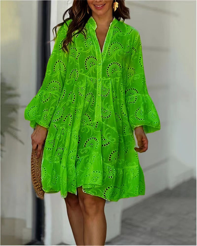 Women's Eyelet V-Neck Tiered Long Sleeve Dress