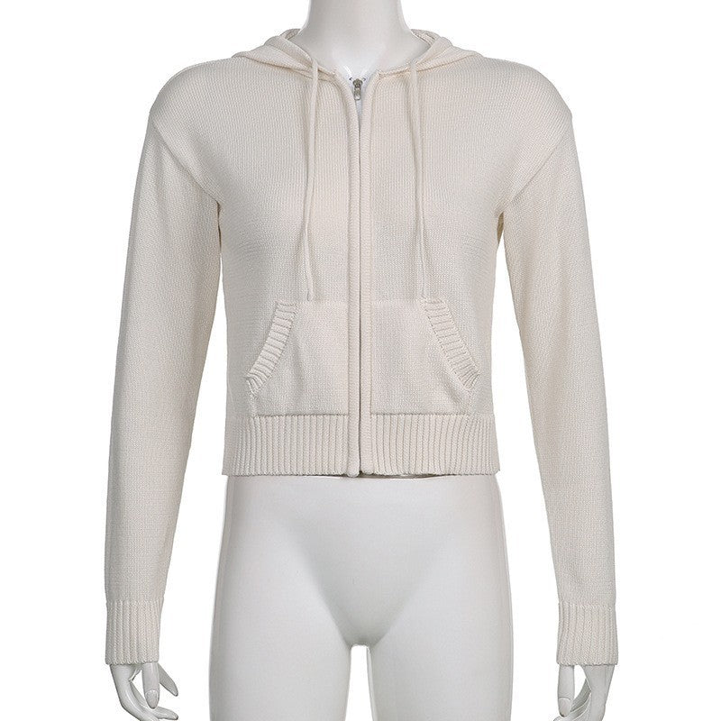 Women's Cropped Zip-Up Hooded Knit Cardigan with Pockets