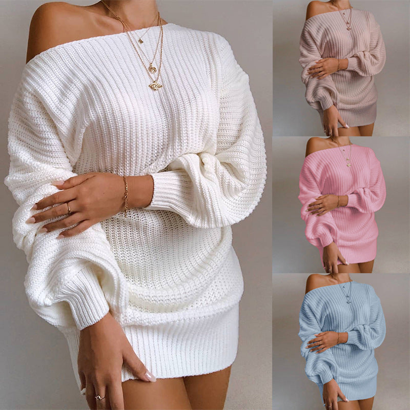 Off Shoulder Balloon Sleeve Ribbed Sweater Dress