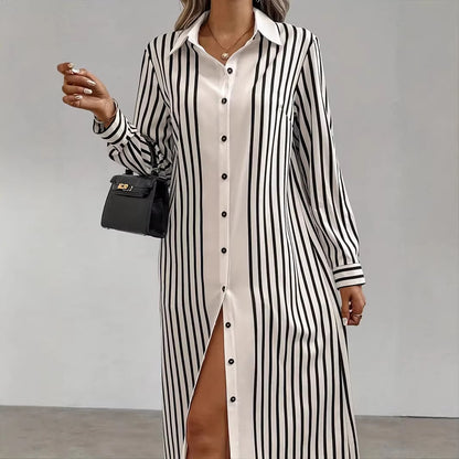 Women's Striped Long Sleeve Button Down Maxi Shirt Dress