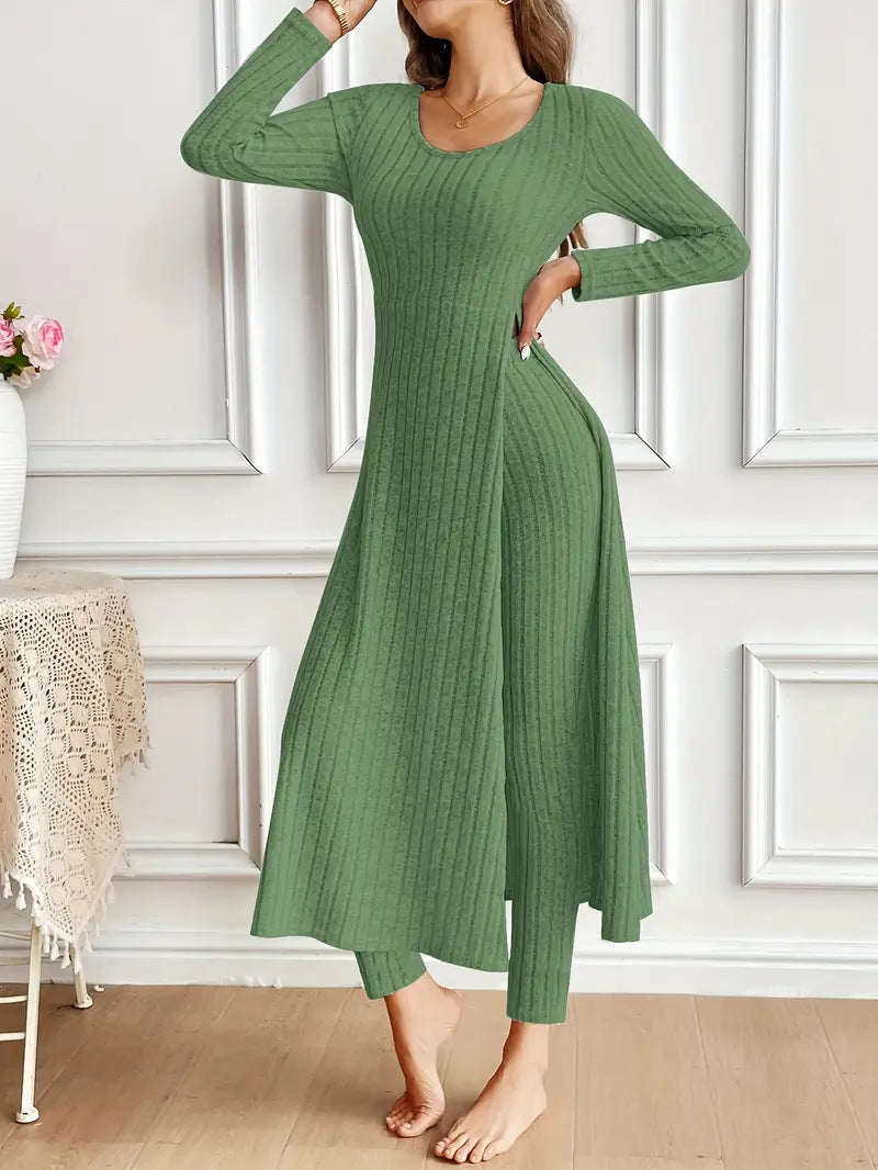 Women's Ribbed Knit Side Split Long Sleeve Two Piece Set